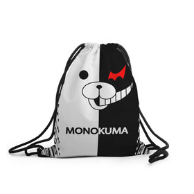 Рюкзак-мешок 3D с принтом MONOKUMA. в Курске, 100% полиэстер | плотность ткани — 200 г/м2, размер — 35 х 45 см; лямки — толстые шнурки, застежка на шнуровке, без карманов и подкладки | anime | bear | black  white | danganronpa | kurokuma | monodam | monokuma | monomi | monotaro | pink | rabbit | school | shirokuma | аниме | главарь | мoноми | монокума | черно белый | школа