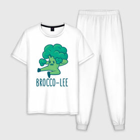Мужская пижама хлопок с принтом Brocco Lee в Курске, 100% хлопок | брюки и футболка прямого кроя, без карманов, на брюках мягкая резинка на поясе и по низу штанин
 | broccoli | vegan | veggie | брокко ли | брокколи | брюс ли | веган | вегетарианец