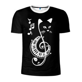 Мужская футболка 3D спортивная с принтом Музыкальный кот в Курске, 100% полиэстер с улучшенными характеристиками | приталенный силуэт, круглая горловина, широкие плечи, сужается к линии бедра | background | black | cat | mus | music | musical | white | with | белый | игроман | кот | котик | котиков | котиком | котов | кошек | кошка | меломан | музыка | музыкальный | ноты | с белым | с котом | с нотами | фон | черный