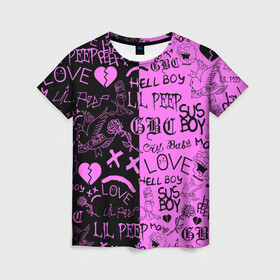 Женская футболка 3D с принтом LIL PEEP LOGOBOMBING BLACK PINK в Курске, 100% полиэфир ( синтетическое хлопкоподобное полотно) | прямой крой, круглый вырез горловины, длина до линии бедер | lil peep | lil prince | pink | зарубежная музыка | лил пип | маленький принц