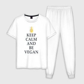 Мужская пижама хлопок с принтом Keep calm and be vegan в Курске, 100% хлопок | брюки и футболка прямого кроя, без карманов, на брюках мягкая резинка на поясе и по низу штанин
 | Тематика изображения на принте: keep calm and be vegan | vegaan | vegan | vegetables | vegetarian | ананас | веган | вегатерианец | вегетарианец | заткнись и будь веганом | зож | йога | медитация | овощи | экология | я веган