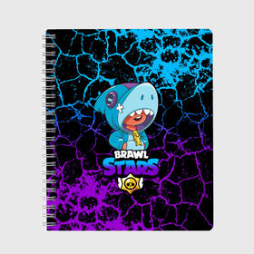 Тетрадь с принтом BRAWL STARS LEON SHARK в Курске, 100% бумага | 48 листов, плотность листов — 60 г/м2, плотность картонной обложки — 250 г/м2. Листы скреплены сбоку удобной пружинной спиралью. Уголки страниц и обложки скругленные. Цвет линий — светло-серый
 | bib | brawl stars | colt | crow | el brown | leon | leon shark | max | moba | sally leon | shark | акула | берли | биби | бравл старс | браун | ворон | жанр | игра | кольт | леон | леон акула | макс | нита | шелли