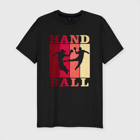 Мужская футболка хлопок Slim с принтом Handball в Курске, 92% хлопок, 8% лайкра | приталенный силуэт, круглый вырез ворота, длина до линии бедра, короткий рукав | hand ball | handball | play | игра | игра в ганбол | игра с мячом | мяч | руки | футбол