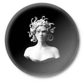 Значок с принтом Горгона с татуировками в Курске,  металл | круглая форма, металлическая застежка в виде булавки | античность | горгона | леди | медуза | скульптура | татуировки | фрик
