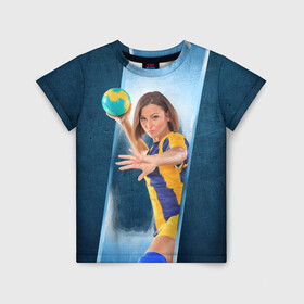 Детская футболка 3D с принтом Гандболистка в Курске, 100% гипоаллергенный полиэфир | прямой крой, круглый вырез горловины, длина до линии бедер, чуть спущенное плечо, ткань немного тянется | hand ball | handball | play | игра | игра в ганбол | игра с мячом | мяч | руки | футбол