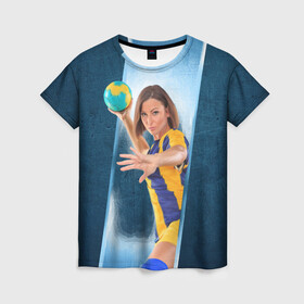 Женская футболка 3D с принтом Гандболистка в Курске, 100% полиэфир ( синтетическое хлопкоподобное полотно) | прямой крой, круглый вырез горловины, длина до линии бедер | hand ball | handball | play | игра | игра в ганбол | игра с мячом | мяч | руки | футбол