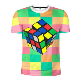Мужская футболка 3D спортивная с принтом Кубик Рубика в Курске, 100% полиэстер с улучшенными характеристиками | приталенный силуэт, круглая горловина, широкие плечи, сужается к линии бедра | Тематика изображения на принте: игра | интеллект | куб | кубик | рубик | ум