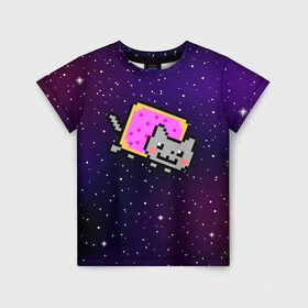 Детская футболка 3D с принтом Nyan Cat в Курске, 100% гипоаллергенный полиэфир | прямой крой, круглый вырез горловины, длина до линии бедер, чуть спущенное плечо, ткань немного тянется | cat | meme | nyan cat | space | youtube | животное | звезды | интернет | космос | кошка | мем | прикол | радуга | юмор | ютуб