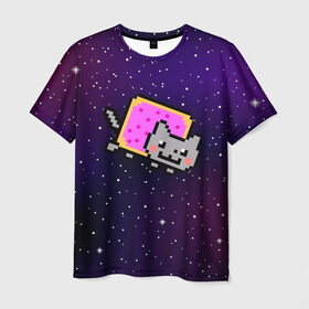 Мужская футболка 3D с принтом Nyan Cat в Курске, 100% полиэфир | прямой крой, круглый вырез горловины, длина до линии бедер | Тематика изображения на принте: cat | meme | nyan cat | space | youtube | животное | звезды | интернет | космос | кошка | мем | прикол | радуга | юмор | ютуб