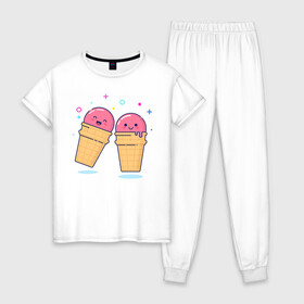Женская пижама хлопок с принтом Мороженки в Курске, 100% хлопок | брюки и футболка прямого кроя, без карманов, на брюках мягкая резинка на поясе и по низу штанин | Тематика изображения на принте: мороженка мороженки пара вкусняшка любовь отн