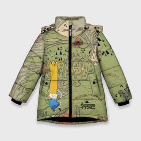 Зимняя куртка для девочек 3D с принтом Adventure time Map в Курске, ткань верха — 100% полиэстер; подклад — 100% полиэстер, утеплитель — 100% полиэстер. | длина ниже бедра, удлиненная спинка, воротник стойка и отстегивающийся капюшон. Есть боковые карманы с листочкой на кнопках, утяжки по низу изделия и внутренний карман на молнии. 

Предусмотрены светоотражающий принт на спинке, радужный светоотражающий элемент на пуллере молнии и на резинке для утяжки. | adventure time | finn the human | jake the dog | vdzajul | джейк | лич | марселин | ооо | рикардио | снежный король | финн | финн парнишка