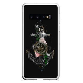 Чехол для Samsung Galaxy S10 с принтом якорь с компасом и цветами в Курске, Силикон | Область печати: задняя сторона чехла, без боковых панелей | Тематика изображения на принте: компас | моряк | розы | темный принт | цветы | якорь