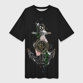 Платье-футболка 3D с принтом якорь с компасом и цветами в Курске,  |  | компас | моряк | розы | темный принт | цветы | якорь