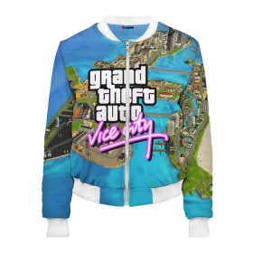 Женский бомбер 3D с принтом GRAND THEFT AUTO:VICE CITY в Курске, 100% полиэстер | застегивается на молнию, по бокам два кармана без застежек, мягкие манжеты, по низу бомбера и на воротнике — эластичная резинка | grand theft auto 2 | grand theft auto 3 | grand theft auto v | grand theft auto: san andreas | grand theft auto: vice city | gta 5 | gta online | gta v | город | игры