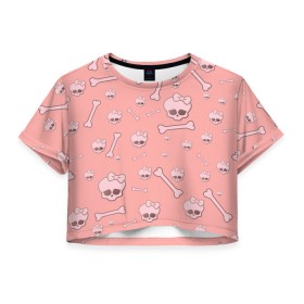 Женская футболка Crop-top 3D с принтом Cute bones в Курске, 100% полиэстер | круглая горловина, длина футболки до линии талии, рукава с отворотами | bone | pink | pink skull | skeleton | skull | кости | розовый | череп