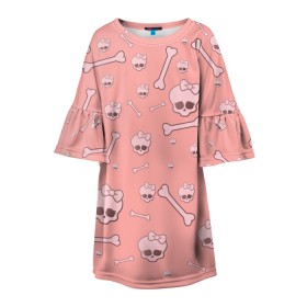 Детское платье 3D с принтом Cute bones в Курске, 100% полиэстер | прямой силуэт, чуть расширенный к низу. Круглая горловина, на рукавах — воланы | bone | pink | pink skull | skeleton | skull | кости | розовый | череп