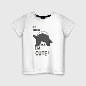 Детская футболка хлопок с принтом She thinks в Курске, 100% хлопок | круглый вырез горловины, полуприлегающий силуэт, длина до линии бедер | grizzly | ice bear | panda | the three bare bears | vdzajul | we bare bears | белый | вся правда о медведях | гризли | панда | правда