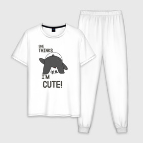 Мужская пижама хлопок с принтом She thinks в Курске, 100% хлопок | брюки и футболка прямого кроя, без карманов, на брюках мягкая резинка на поясе и по низу штанин
 | Тематика изображения на принте: grizzly | ice bear | panda | the three bare bears | vdzajul | we bare bears | белый | вся правда о медведях | гризли | панда | правда