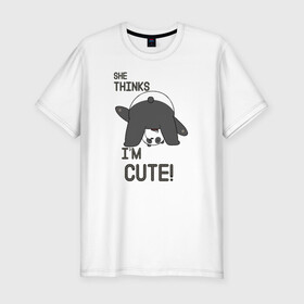Мужская футболка хлопок Slim с принтом She thinks в Курске, 92% хлопок, 8% лайкра | приталенный силуэт, круглый вырез ворота, длина до линии бедра, короткий рукав | Тематика изображения на принте: grizzly | ice bear | panda | the three bare bears | vdzajul | we bare bears | белый | вся правда о медведях | гризли | панда | правда