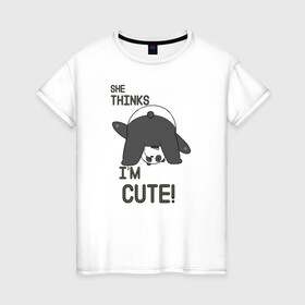 Женская футболка хлопок с принтом She thinks в Курске, 100% хлопок | прямой крой, круглый вырез горловины, длина до линии бедер, слегка спущенное плечо | grizzly | ice bear | panda | the three bare bears | vdzajul | we bare bears | белый | вся правда о медведях | гризли | панда | правда