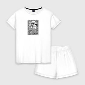 Женская пижама с шортиками хлопок с принтом IN THE FIELD OF FLOWERS в Курске, 100% хлопок | футболка прямого кроя, шорты свободные с широкой мягкой резинкой | кости | минимализм | цветы | цвиты | чб | череп | череп человека | черип | черно   белое
