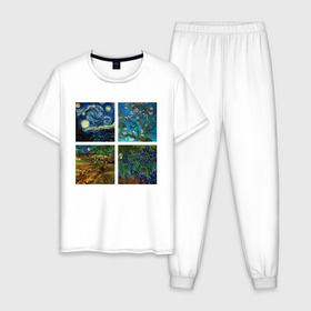 Мужская пижама хлопок с принтом Ван Гог картины в Курске, 100% хлопок | брюки и футболка прямого кроя, без карманов, на брюках мягкая резинка на поясе и по низу штанин
 | van gogh | арт | ван гог | галерея | живопись | звездная ночь | знаменитая | искусство | картины | пейзаж | рисование | футболка с ван гогом | художник