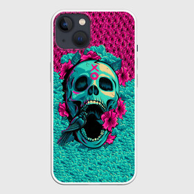 Чехол для iPhone 13 с принтом Неоновый череп в Курске,  |  | 3d | flowers | music | neon | prints | rock | skull | картинки | майки | мем | мода | музыка | неон | прикол | принты | рок | стиль | тренд | футболки | цветы | череп | яркие | яркость