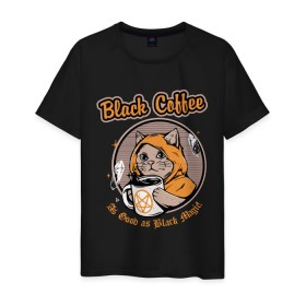 Мужская футболка хлопок с принтом Black Coffee Cat в Курске, 100% хлопок | прямой крой, круглый вырез горловины, длина до линии бедер, слегка спущенное плечо. | cat | cats | coffee | kitty | magic | prints | картинки | кот | котики | коты | котэ | котята | кофе | кошки | магия | майки | мем | мода | прикол | принты | стиль | тренд | футболки | яркие | яркость
