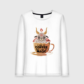 Женский лонгслив хлопок с принтом Magic Coffee в Курске, 100% хлопок |  | coffee | evil | magic | prints | зло | картинки | кофе | магия | майки | мем | мода | прикол | принты | стиль | тренд | футболки | яркие | яркость