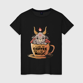 Женская футболка хлопок с принтом Magic Coffee в Курске, 100% хлопок | прямой крой, круглый вырез горловины, длина до линии бедер, слегка спущенное плечо | Тематика изображения на принте: coffee | evil | magic | prints | зло | картинки | кофе | магия | майки | мем | мода | прикол | принты | стиль | тренд | футболки | яркие | яркость