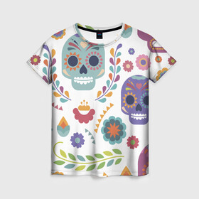 Женская футболка 3D с принтом Мексиканские мотивы в Курске, 100% полиэфир ( синтетическое хлопкоподобное полотно) | прямой крой, круглый вырез горловины, длина до линии бедер | день мёртвых. череп | мексика | мексиканский | мексиканское | цветок | цветы | черепа