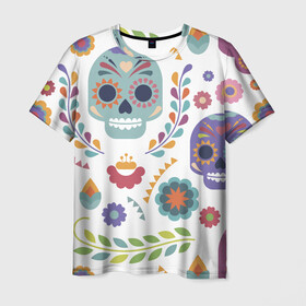 Мужская футболка 3D с принтом Мексиканские мотивы в Курске, 100% полиэфир | прямой крой, круглый вырез горловины, длина до линии бедер | день мёртвых. череп | мексика | мексиканский | мексиканское | цветок | цветы | черепа