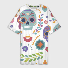 Платье-футболка 3D с принтом Мексиканские мотивы в Курске,  |  | день мёртвых. череп | мексика | мексиканский | мексиканское | цветок | цветы | черепа