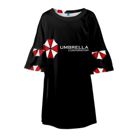 Детское платье 3D с принтом Umbrella Corporation в Курске, 100% полиэстер | прямой силуэт, чуть расширенный к низу. Круглая горловина, на рукавах — воланы | Тематика изображения на принте: апокалипсис | зла | зомби | обитель | твирус