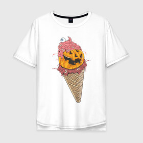 Мужская футболка хлопок Oversize с принтом Pumpkin IceCream в Курске, 100% хлопок | свободный крой, круглый ворот, “спинка” длиннее передней части | Тематика изображения на принте: helloween | ice cream | icecream | pumpkin | глаз | глазурь | еда | крем | мороженое | рожок | тыква | улыбка