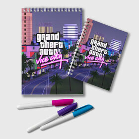 Блокнот с принтом Grand Theft Auto Vice City в Курске, 100% бумага | 48 листов, плотность листов — 60 г/м2, плотность картонной обложки — 250 г/м2. Листы скреплены удобной пружинной спиралью. Цвет линий — светло-серый
 | Тематика изображения на принте: grand theft auto 2 | grand theft auto 3 | grand theft auto v | grand theft auto: san andreas | grand theft auto: vice city | gta 1 | gta 2 | gta 3 | gta 4 | gta 5 | gta online | gta v | город | игры