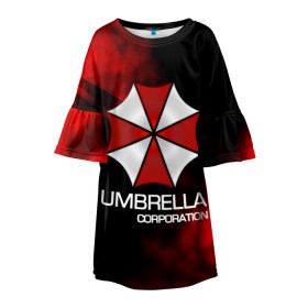 Детское платье 3D с принтом UMBRELLA CORP в Курске, 100% полиэстер | прямой силуэт, чуть расширенный к низу. Круглая горловина, на рукавах — воланы | Тематика изображения на принте: biohazard | biohazard 7 | crocodile | fang | game | hand | monster | new umbrella | resident evil | resident evil 7 | umbrella | umbrella corp | umbrella corporation | zombie | обитель