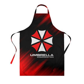 Фартук 3D с принтом Umbrella Corporation в Курске, 100% полиэстер | общий размер — 65 х 85 см, ширина нагрудника — 26 см, горловина — 53 см, длина завязок — 54 см, общий обхват в поясе — 173 см. Принт на завязках и на горловине наносится с двух сторон, на основной части фартука — только с внешней стороны | corp | corporation | resident evil | umbrella | umbrella corporation | зомби апокалипсис | зонт | игра