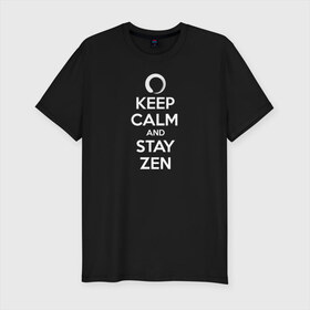 Мужская футболка хлопок Slim с принтом Keep calm & stay Zen в Курске, 92% хлопок, 8% лайкра | приталенный силуэт, круглый вырез ворота, длина до линии бедра, короткий рукав | aum | zen | будда | буддизм | дзен | мантра | ом | религия