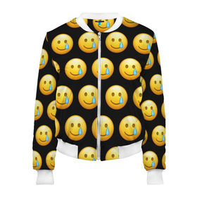 Женский бомбер 3D с принтом New Emoji в Курске, 100% полиэстер | застегивается на молнию, по бокам два кармана без застежек, мягкие манжеты, по низу бомбера и на воротнике — эластичная резинка | crying | emoji | smile | smiling face with tear | tear | плачущий | слеза | смайлик | улыбка | эмодзи