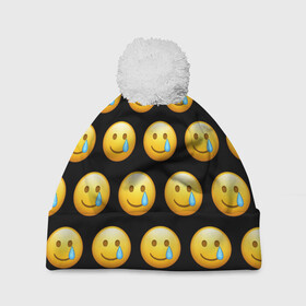 Шапка 3D c помпоном с принтом New Emoji в Курске, 100% полиэстер | универсальный размер, печать по всей поверхности изделия | crying | emoji | smile | smiling face with tear | tear | плачущий | слеза | смайлик | улыбка | эмодзи
