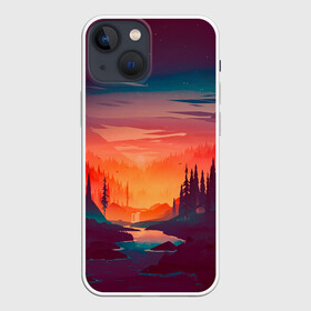 Чехол для iPhone 13 mini с принтом Minimal forest sunset в Курске,  |  | Тематика изображения на принте: forest | light | minimal | mountain | orange | purple | stone | sunset | water | вода | горы | закат | минимализм | оранжевый | фиолетовый