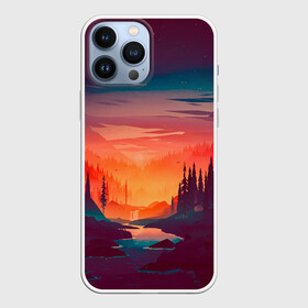 Чехол для iPhone 13 Pro Max с принтом Minimal forest sunset в Курске,  |  | Тематика изображения на принте: forest | light | minimal | mountain | orange | purple | stone | sunset | water | вода | горы | закат | минимализм | оранжевый | фиолетовый