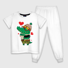 Детская пижама хлопок с принтом Модный крокодил в Курске, 100% хлопок |  брюки и футболка прямого кроя, без карманов, на брюках мягкая резинка на поясе и по низу штанин
 | крокодил | мода | стиль | хипстер | юмор