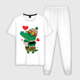 Мужская пижама хлопок с принтом Модный крокодил в Курске, 100% хлопок | брюки и футболка прямого кроя, без карманов, на брюках мягкая резинка на поясе и по низу штанин
 | Тематика изображения на принте: крокодил | мода | стиль | хипстер | юмор