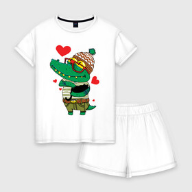 Женская пижама с шортиками хлопок с принтом Модный крокодил в Курске, 100% хлопок | футболка прямого кроя, шорты свободные с широкой мягкой резинкой | крокодил | мода | стиль | хипстер | юмор