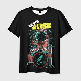 Мужская футболка 3D с принтом Lets Rock в Курске, 100% полиэфир | прямой крой, круглый вырез горловины, длина до линии бедер | art | astronaut | drummer | drums | rock | rocket | space | арт | астронавт | барабанщик | барабаны | космонавт | космос | ракета | рок