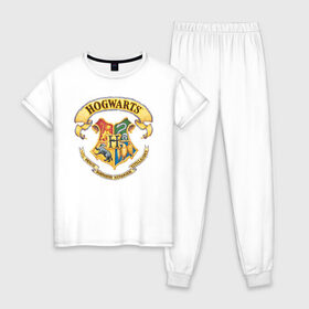 Женская пижама хлопок с принтом Coat of Hogwarts в Курске, 100% хлопок | брюки и футболка прямого кроя, без карманов, на брюках мягкая резинка на поясе и по низу штанин | vdgerir | гарри поттер | гриффиндор | дамблдор | добби | слизерин | хогвартс