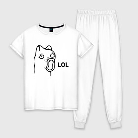 Женская пижама хлопок с принтом Cat Troll Face в Курске, 100% хлопок | брюки и футболка прямого кроя, без карманов, на брюках мягкая резинка на поясе и по низу штанин | 