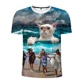 Мужская футболка 3D спортивная с принтом Морской Кошак в Курске, 100% полиэстер с улучшенными характеристиками | приталенный силуэт, круглая горловина, широкие плечи, сужается к линии бедра | cat | mem | mems | вода | волны | кот | котейка | котик | кошак | кошка | мем | мем с котом | мемы | мемы с котом | мокрый кот | море | морской кот | морской кошак | облака | океан | прикол | приколы | тучи | шторм